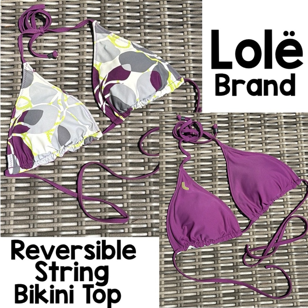 Lolë brand Reversible String Bikini Top-Purple/Island Print-Adj Triangle Style